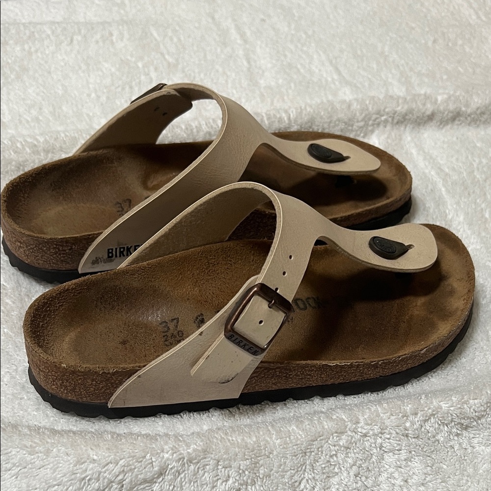 Birkenstock Sandals with Cream Straps and Brown Footbed - Picture 2 of 2